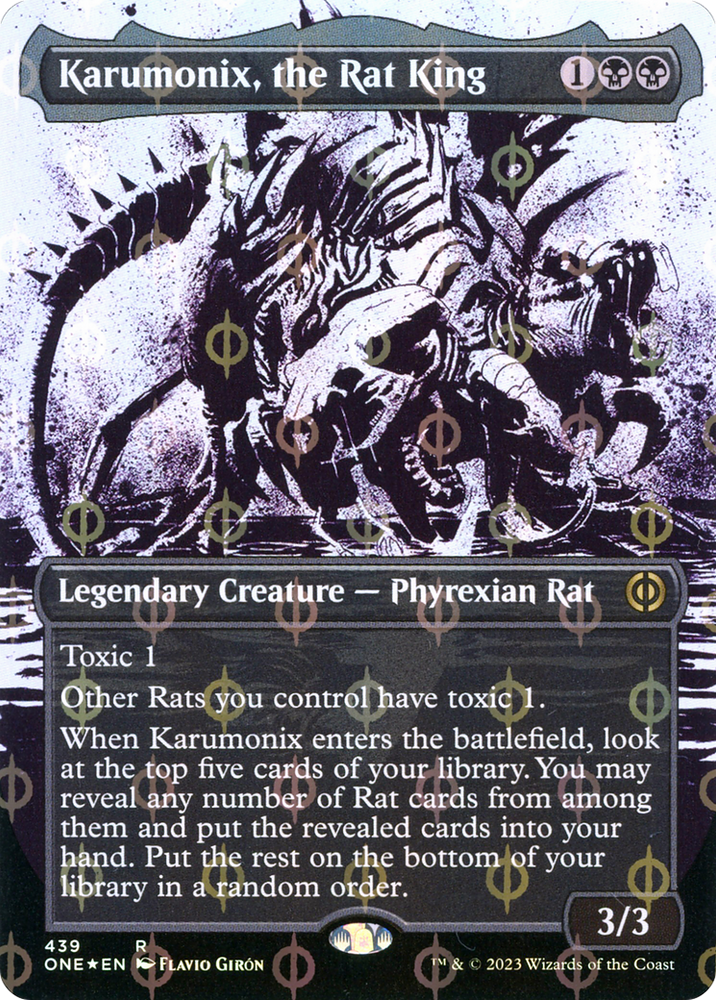 new rat card mtg Karumonix, the Rat King (Borderless Ichor Step-and-Compleat Foil) [Phy